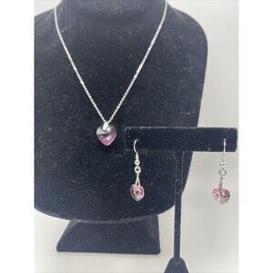 Crystal Colors Pink Swarovski Heart Pendant Necklace With Matching Earrings New